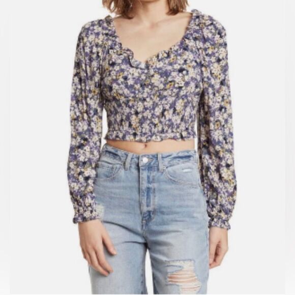 Elodie Women's Cropped Navy Floral Smoked Cinched Back Waistband Size: S NWT - Picture 1 of 4